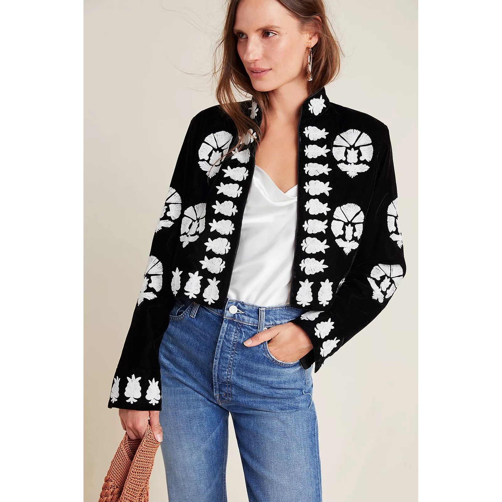 Cleobella Anthropologie Velvet Embroidered Black White Crop Western Boho Nwt M